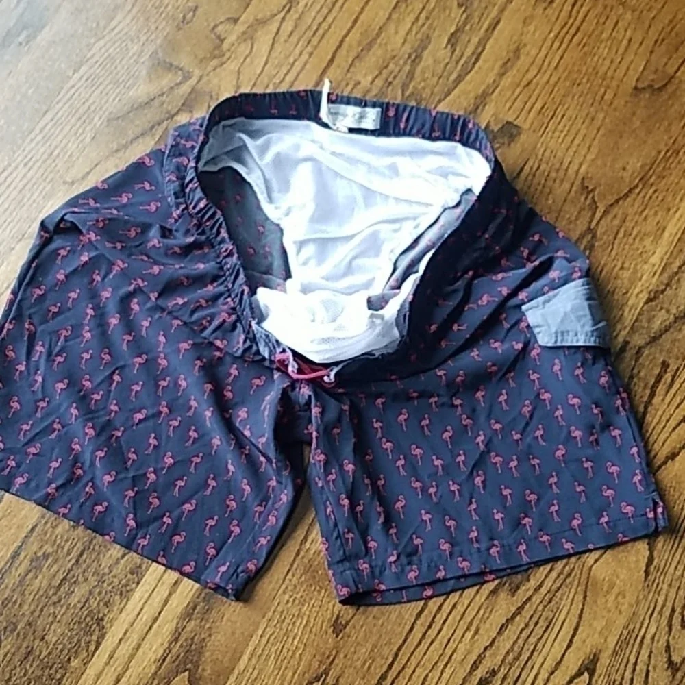 Swim Pink Flamingo Cargo Denim Pocket Blue Trunks Sz.XL